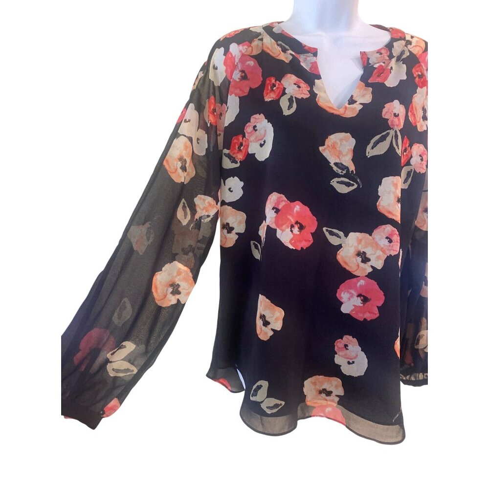 CAbi Poppy Blouse Medium* Tunic Top Navy Pink Floral Sheer lined Long Sleeve - Picture 7 of 10
